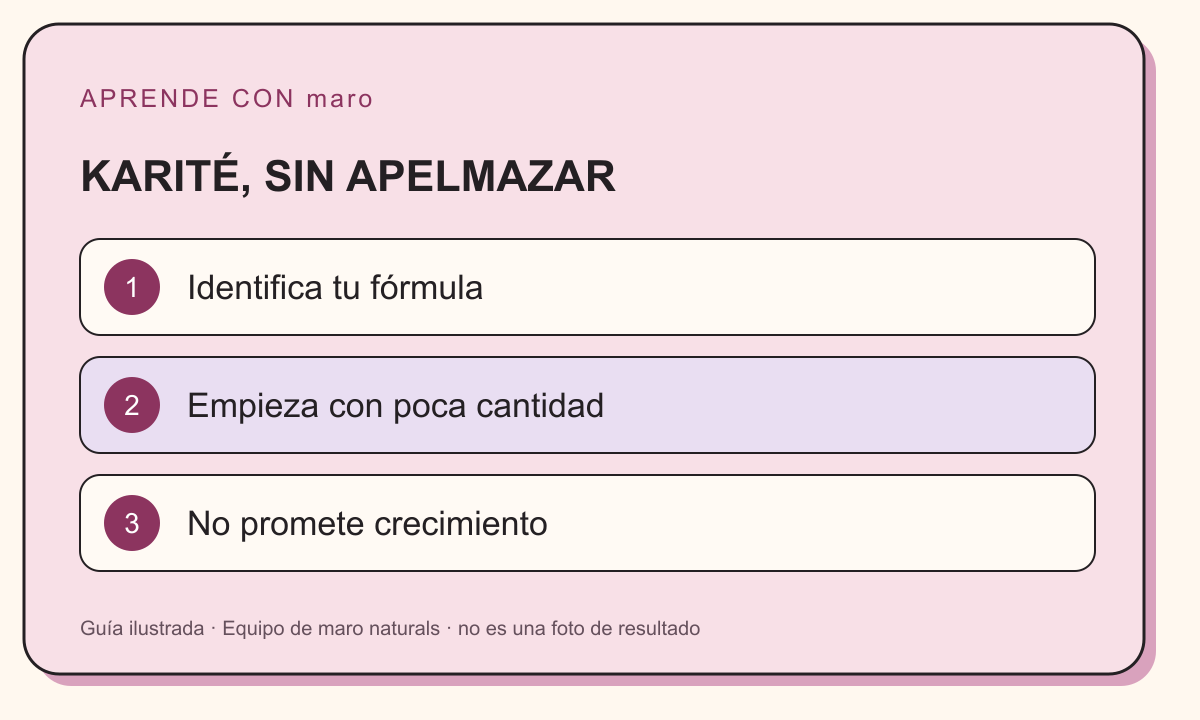 Guía ilustrada: KARITÉ, SIN APELMAZAR. Identifica tu fórmula. Empieza con poca cantidad. No promete crecimiento