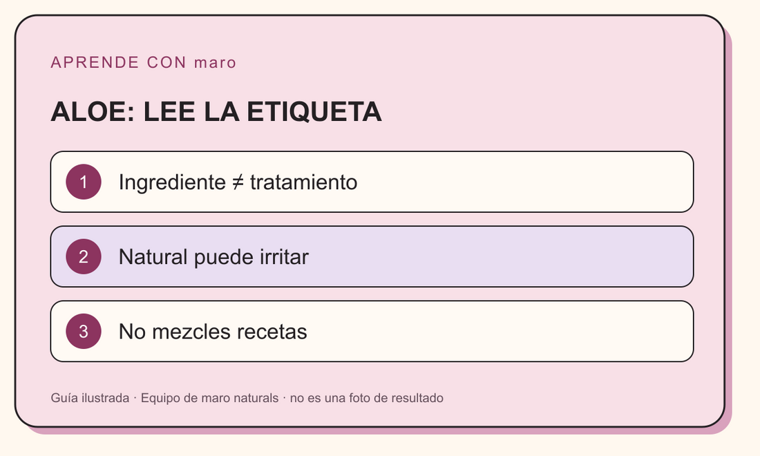 Guía ilustrada: ALOE: LEE LA ETIQUETA. Ingrediente ≠ tratamiento. Natural puede irritar. No mezcles recetas