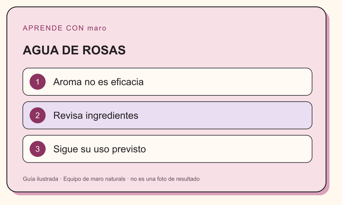 Guía ilustrada: AGUA DE ROSAS. Aroma no es eficacia. Revisa ingredientes. Sigue su uso previsto