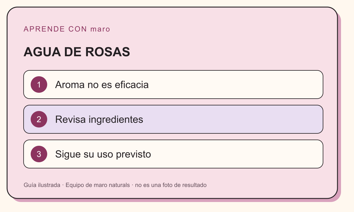 Guía ilustrada: AGUA DE ROSAS. Aroma no es eficacia. Revisa ingredientes. Sigue su uso previsto