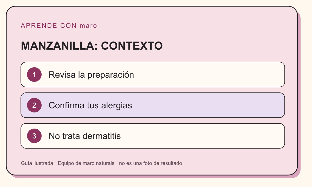 Guía ilustrada: MANZANILLA: CONTEXTO. Revisa la preparación. Confirma tus alergias. No trata dermatitis