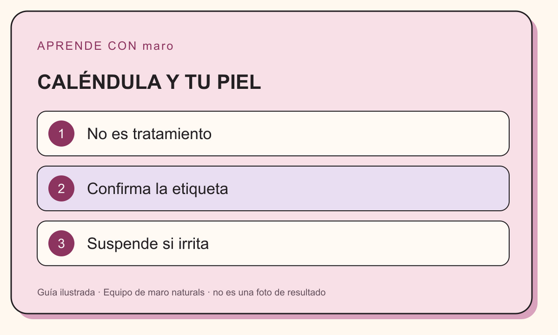 Guía ilustrada: CALÉNDULA Y TU PIEL. No es tratamiento. Confirma la etiqueta. Suspende si irrita