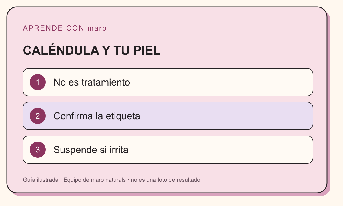 Guía ilustrada: CALÉNDULA Y TU PIEL. No es tratamiento. Confirma la etiqueta. Suspende si irrita