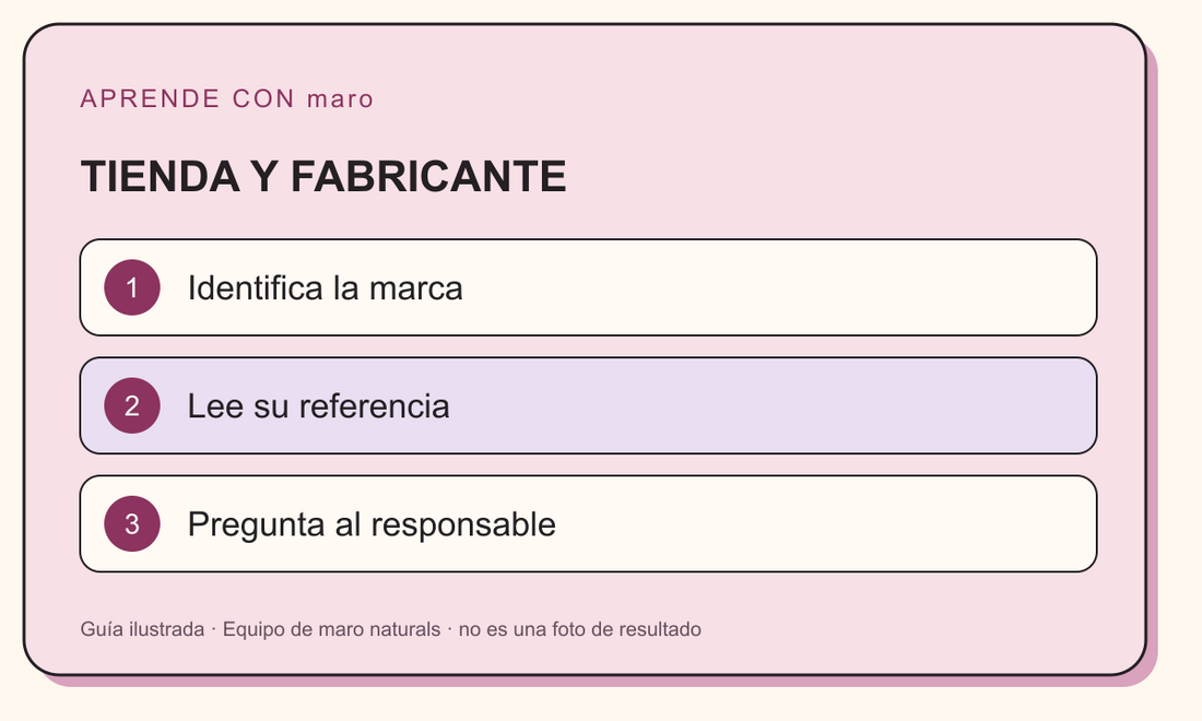 Guía ilustrada: TIENDA Y FABRICANTE. Identifica la marca. Lee su referencia. Pregunta al responsable