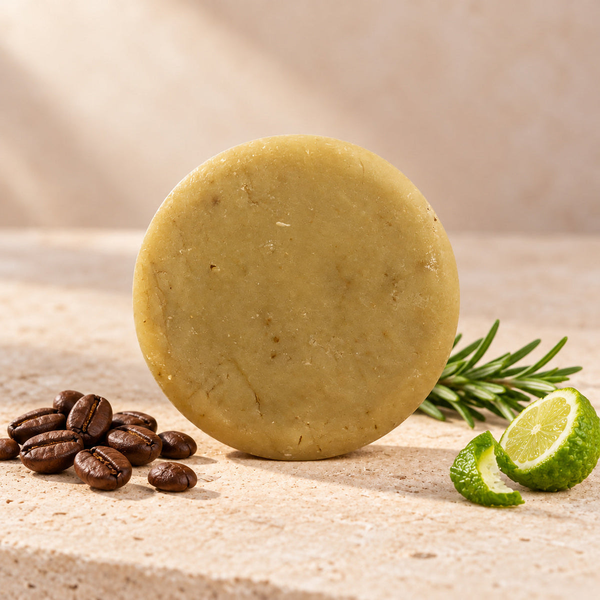 Shampoo sólido de café y romero de maro naturals, barra dorada junto a granos de café, romero y bergamota.
