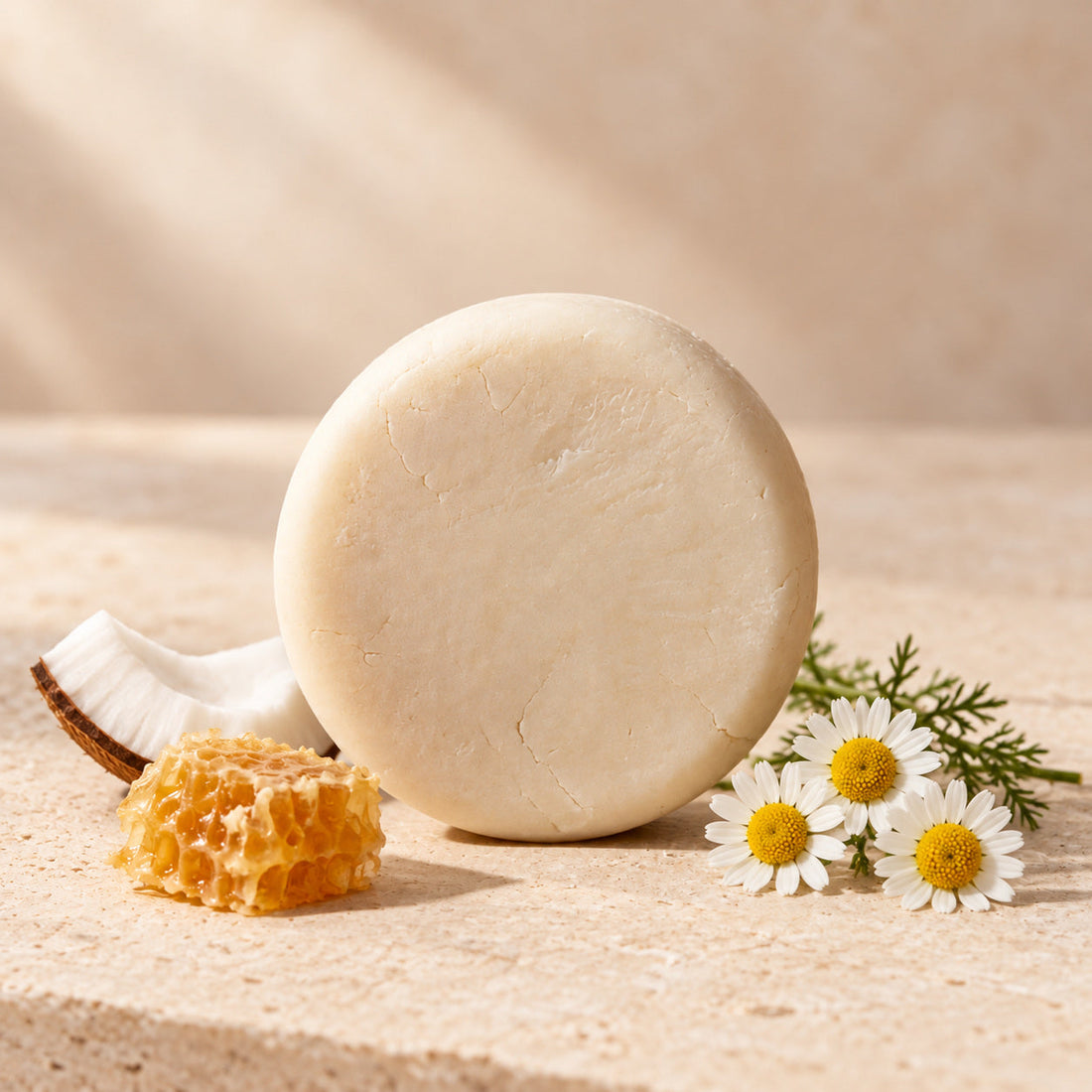 Shampoo sólido de coco, miel y manzanilla de maro naturals, barra clara junto a coco, miel y flores de manzanilla.