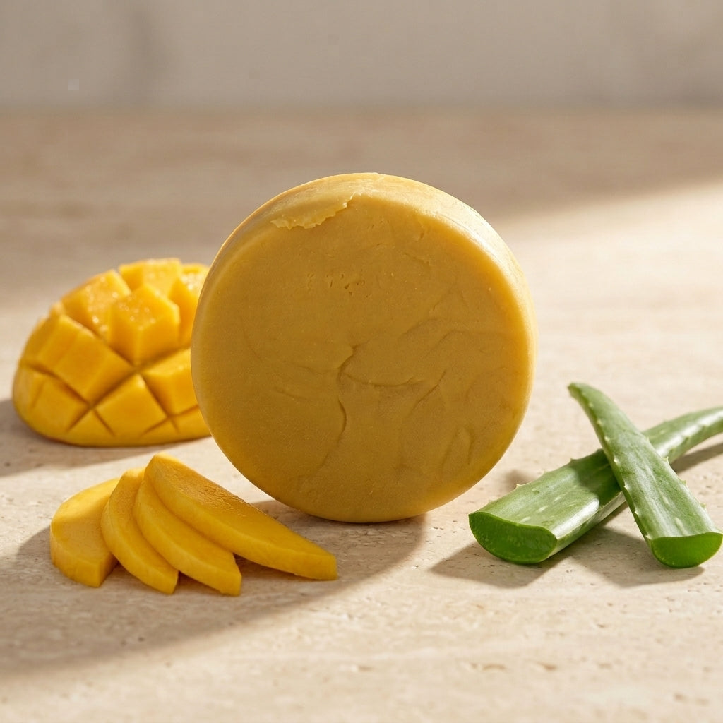 Shampoo sólido de aloe vera y mango maro naturals para hidratación y reparación capilar hecho en Colombia.