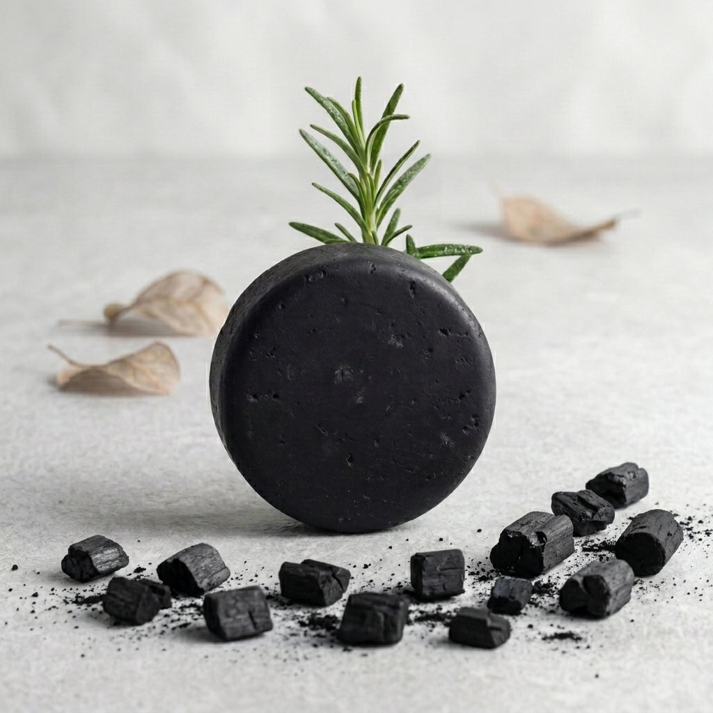 Shampoo sólido de carbón activado y árbol de té maro naturals para cabello graso y caspa hecho en Colombia.