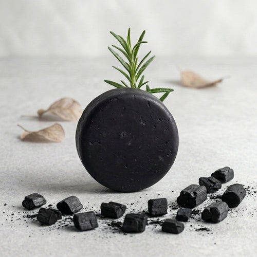 Shampoo sólido de carbón activado y árbol de té maro naturals para cabello graso y caspa hecho en Colombia.