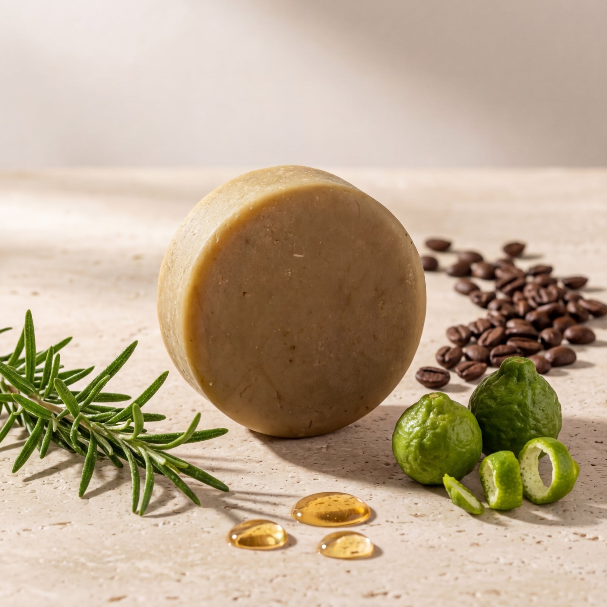 Shampoo sólido de café y romero Maro Naturals para el crecimiento del cabello y control caída hecho en Colombia.