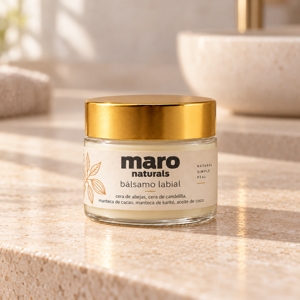 Imagen generada con IA del bálsamo labial de cacao y karité de maro naturals, frasco lleno con tapa dorada sobre un tocador beige.