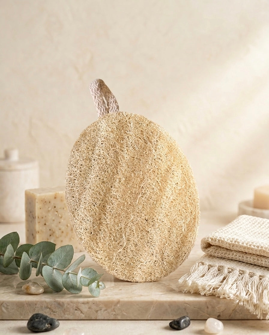Estropajo de luffa natural exfoliando la piel del cuerpo — limpieza natural maro naturals Colombia