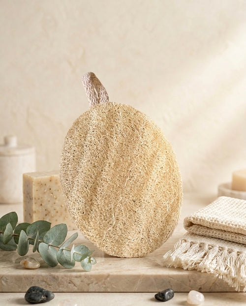 Estropajo de luffa natural exfoliando la piel del cuerpo — limpieza natural maro naturals Colombia