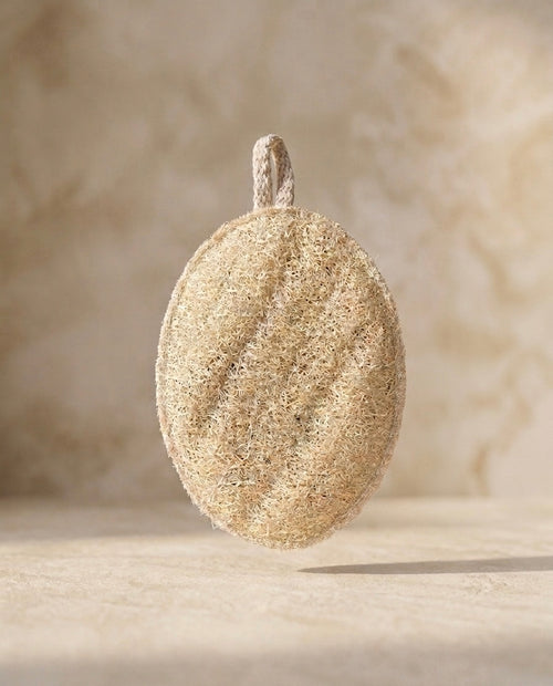 Estropajo natural de luffa ovalado con cuerda de algodón sobre piedra — exfoliante vegetal maro naturals Colombia