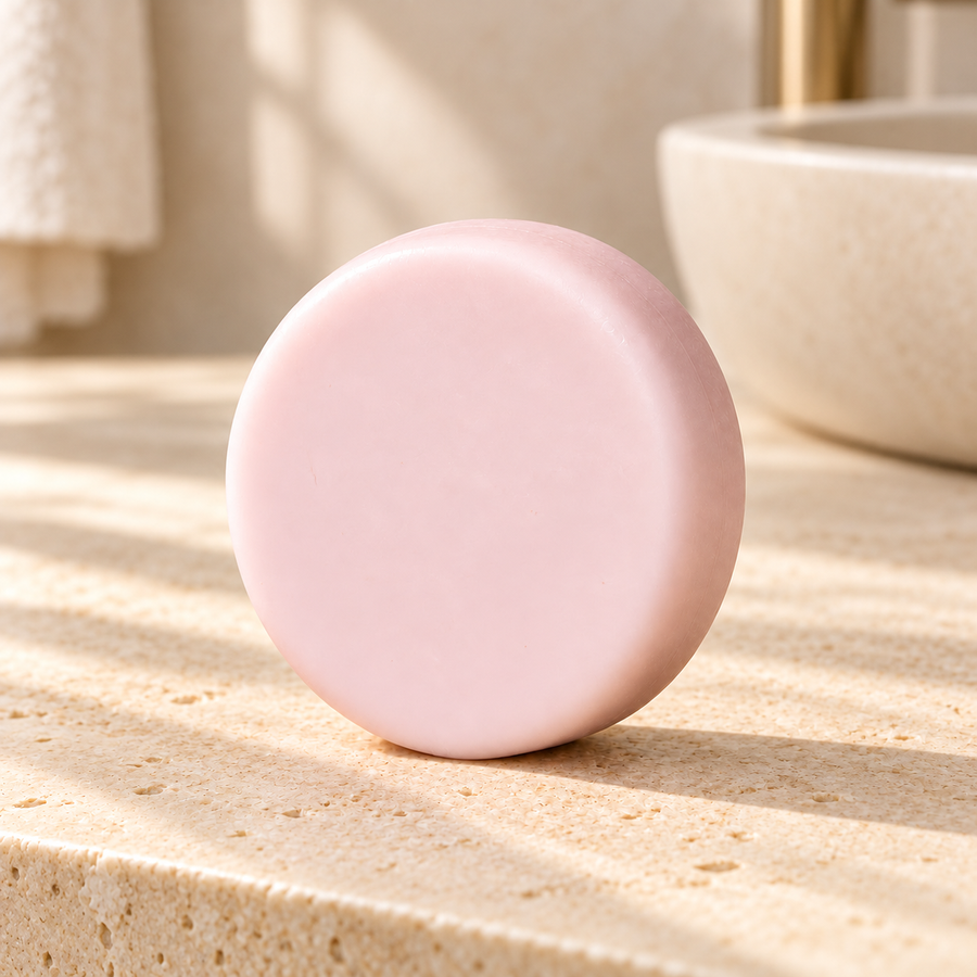 Imagen generada con IA del acondicionador sólido de lavanda, karité y macadamia de maro naturals, barra rosa claro sobre una encimera de baño beige.