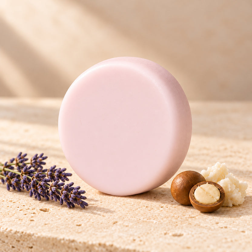 Acondicionador sólido de lavanda, karité y macadamia de maro naturals, barra rosa claro junto a sus ingredientes sobre piedra beige.