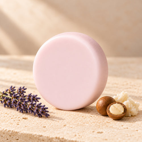 Acondicionador sólido de lavanda, karité y macadamia de maro naturals, barra rosa claro junto a sus ingredientes sobre piedra beige.