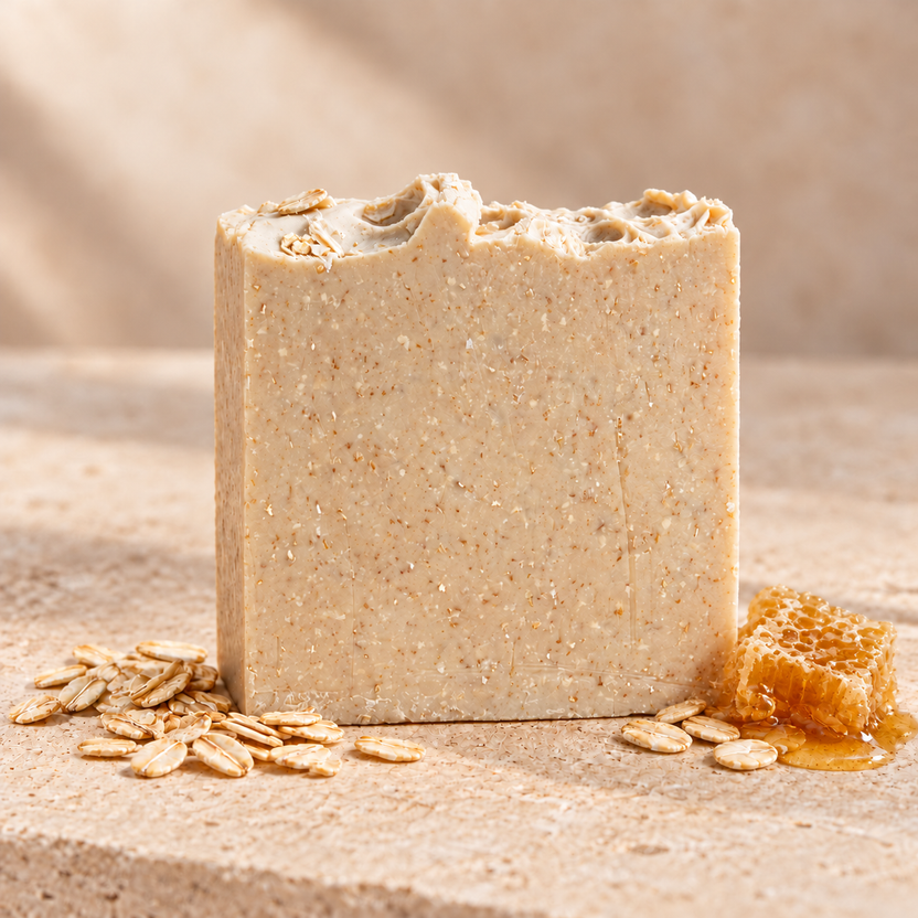 Jabón artesanal de maro sobre piedra clara, acompañado de avena y un panal con miel.