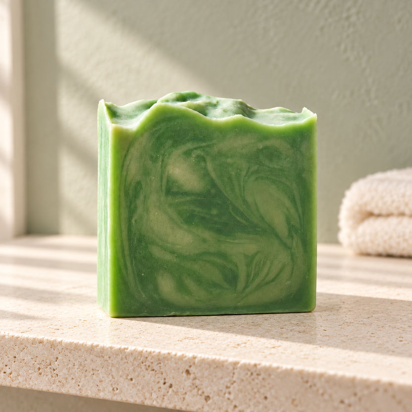 Imagen complementaria generada con IA del jabón de aloe vera de maro naturals en un entorno de baño.