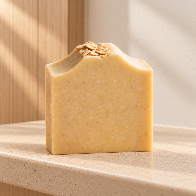 Imagen complementaria generada con IA del jabón de avena de maro naturals en un entorno de baño.