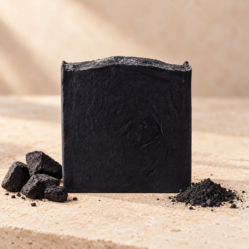 Jabón de carbón activado de maro naturals, barra negra junto a trozos y polvo de carbón sobre piedra clara.
