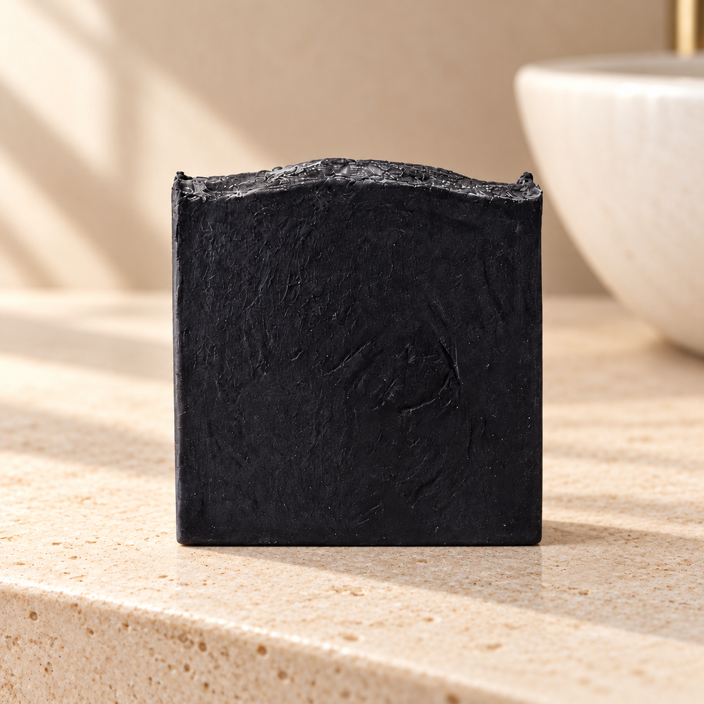 Imagen complementaria generada con IA del jabón de carbón activado de maro naturals en un entorno de baño.