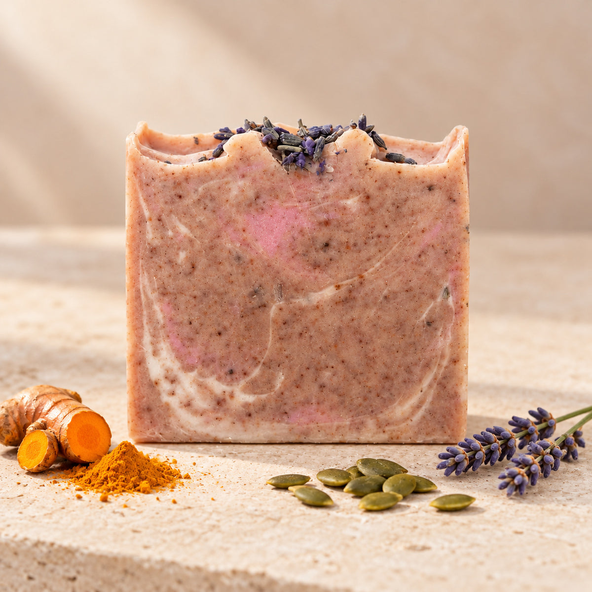 Jabón maroween de maro naturals, barra con vetas rosadas y marrones junto a cúrcuma, lavanda y semillas de calabaza.