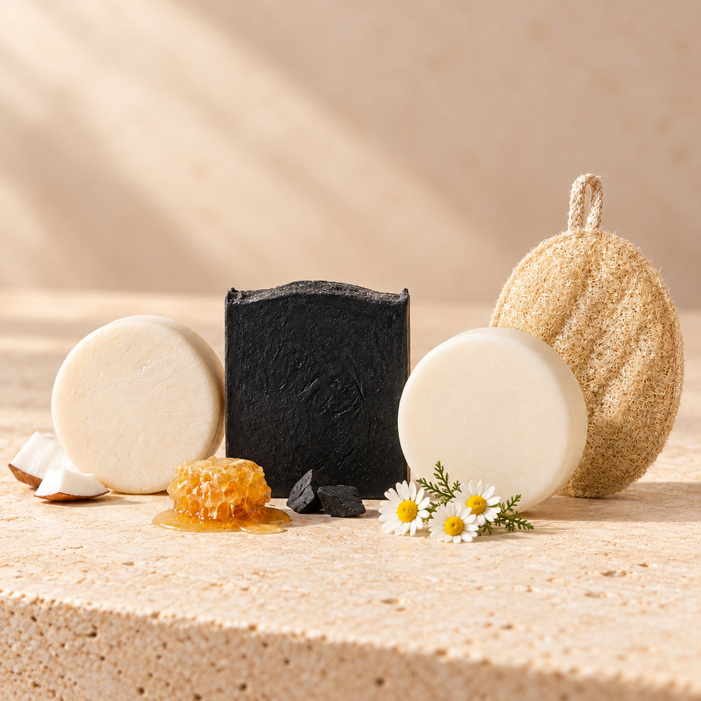 Rutina completa de maro naturals con shampoo de coco, miel y manzanilla, acondicionador, jabón de carbón y luffa.