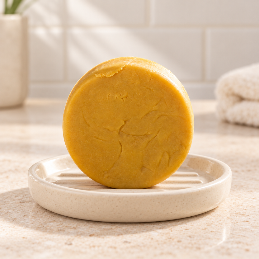 Imagen complementaria generada con IA: shampoo sólido Aloe Vera y Mango de maro naturals, barra amarilla sobre una jabonera beige en un baño.