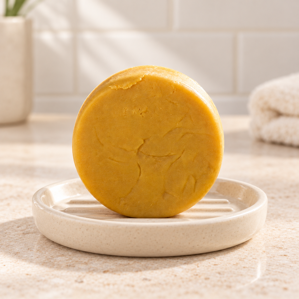 Imagen complementaria generada con IA: shampoo sólido Aloe Vera y Mango de maro naturals, barra amarilla sobre una jabonera beige en un baño.