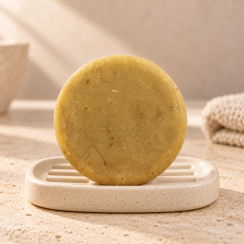 Imagen complementaria generada con IA del shampoo sólido Café y Romero de maro naturals sobre una jabonera en un baño.
