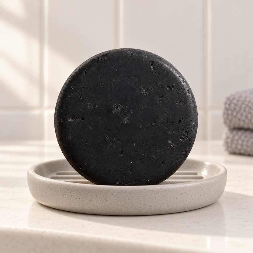 Imagen complementaria generada con IA del shampoo sólido Carbón y Árbol de Té de maro naturals sobre una jabonera en un baño.