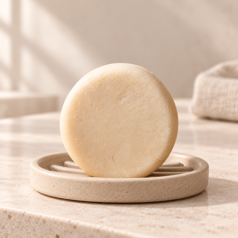Imagen complementaria generada con IA del shampoo sólido Coco, Miel y Manzanilla de maro naturals sobre una jabonera en un baño.