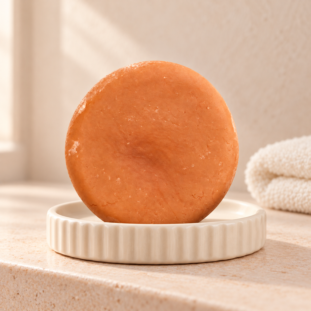Imagen complementaria generada con IA del shampoo sólido Rosas y Almendras de maro naturals sobre una jabonera en un baño.
