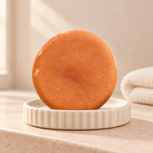 Imagen complementaria generada con IA del shampoo sólido Rosas y Almendras de maro naturals sobre una jabonera en un baño.