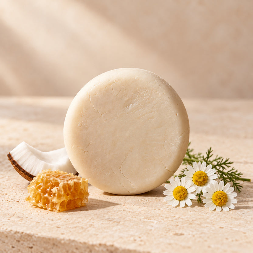 Shampoo sólido de coco, miel y manzanilla de maro naturals, barra clara junto a coco, miel y flores de manzanilla.