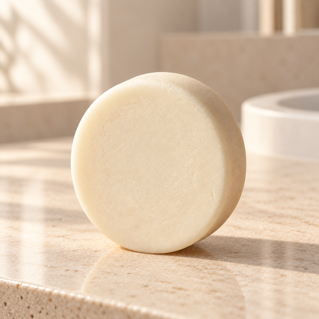 Imagen generada con IA del acondicionador sólido Suavidad Extrema de maro naturals, barra redonda marfil sobre una encimera de baño beige.