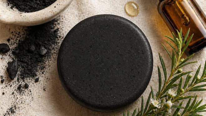 Shampoo sólido de carbón activado y árbol de té