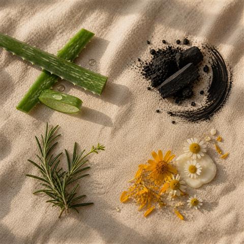 Aloe, carbón, romero y flores botánicas