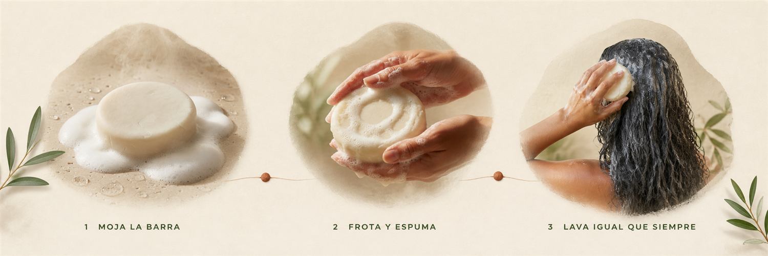 Tres pasos para usar tu barra sólida: moja la barra, frota y espuma, lava igual que siempre.